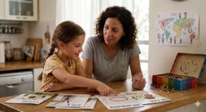 אמא וילדה בוחרות חוג ביחד מתוך כרטיסיות פעילויות